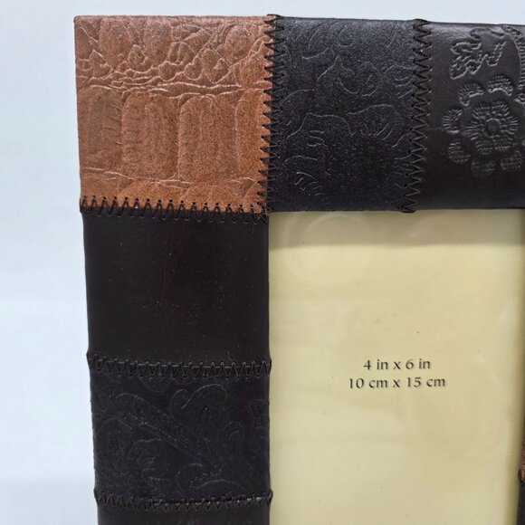 Pier 1 Imports Brown & Tan Patchwork Faux Leather Picture Frame 4"x6" - Picture 2 of 11